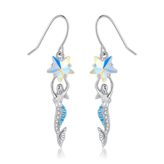 Pentagram Zircon Mermaid Pendant Silver Hook Earrings