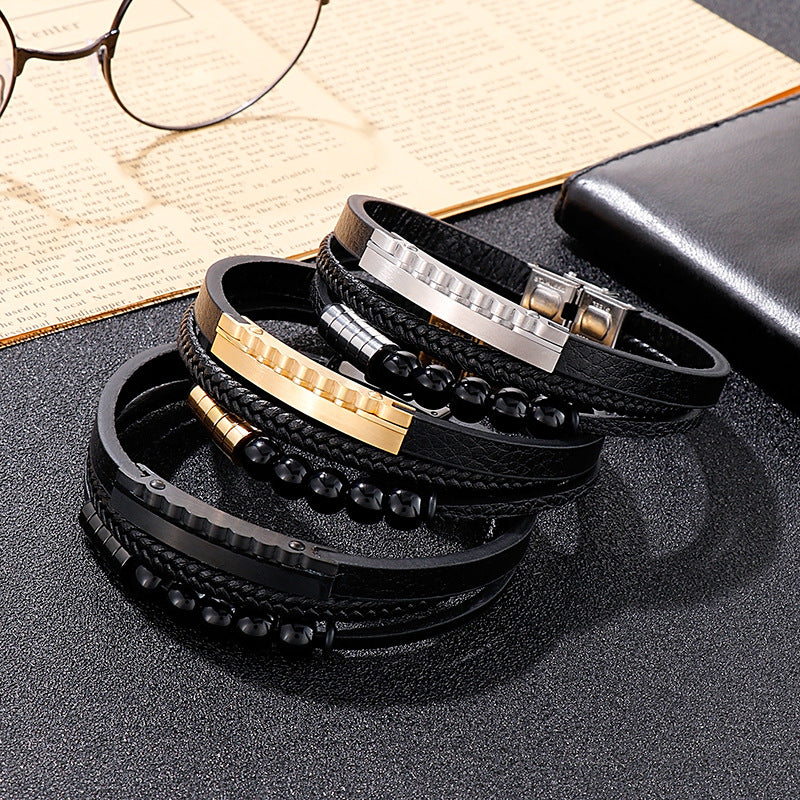Planderful Mens Personalized Woven Leather Beaded Bracelet