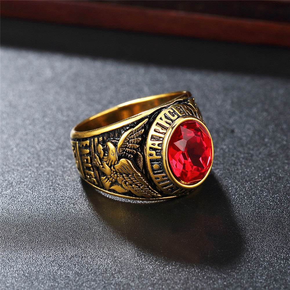 Planderful Eagle Army Ring Stainless Steel With Oval Zircon Unisex Durable Retro Gold Plated Protection