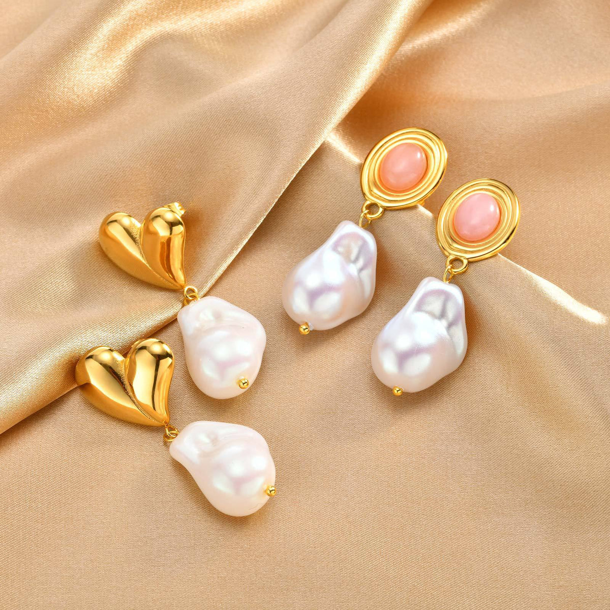 Gold-Tone Double-Heart Baroque Pearl Drop Earrings