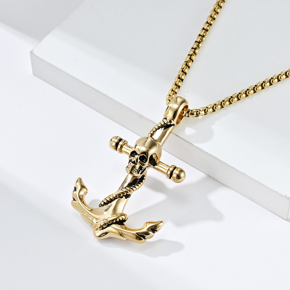 Skull Pendant Necklace For Men Planderful Durable Stainless Steel Boat Anchor Punk Hip Hop Style