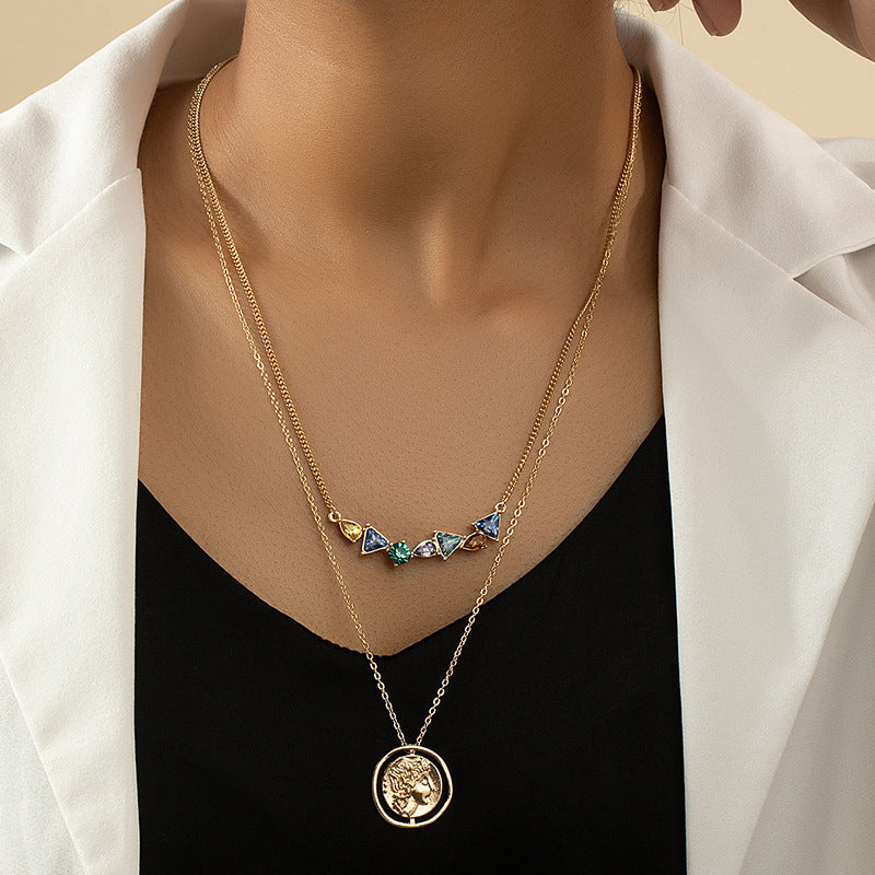 French Retro Double Layer Necklace with Irregular Design - Sparkling Pendant Luxe