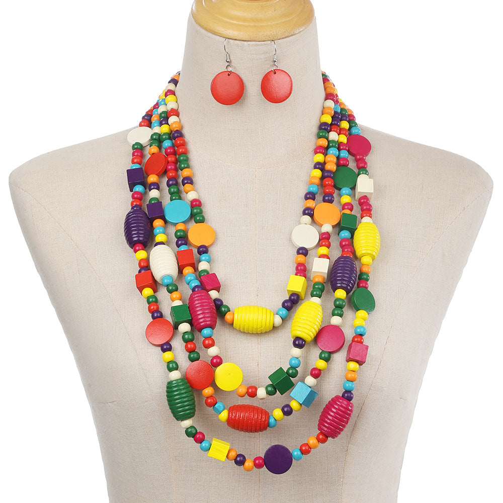 Planderful Savanna Rhythms Necklace and Earrings Set – Vibrant Bohemian Style with Multi-Layer Wood Beads