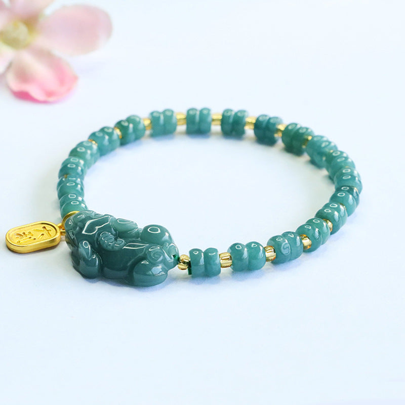 Blue Water Jadeite Pixiu & Abacus Bead Beaded Bracelet