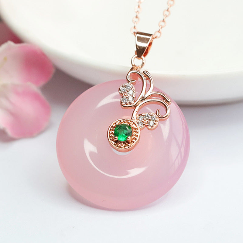 Rose Gold Necklace with Butterfly Pendant Featuring Natural Pink Chalcedony