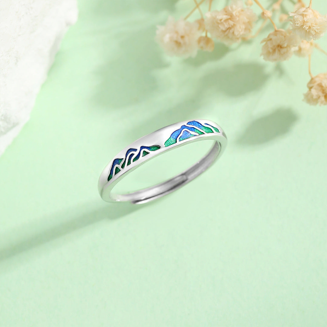 Planderful S925 Sterling Silver Ring For Women Adjustable Retro National Style Light Luxury Green Mountain Theme