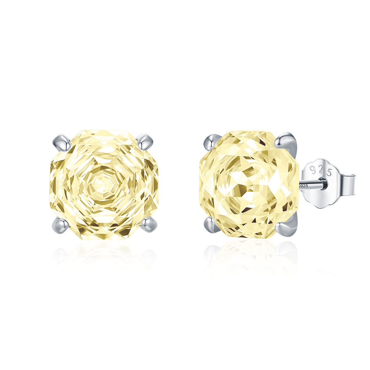 925 Sterling Silver Octagonal Soft Yellow Zircon Stud Earrings