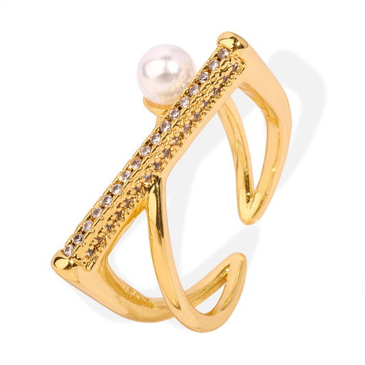Modern Open Ring with Geometric Design and Imitation Pearl