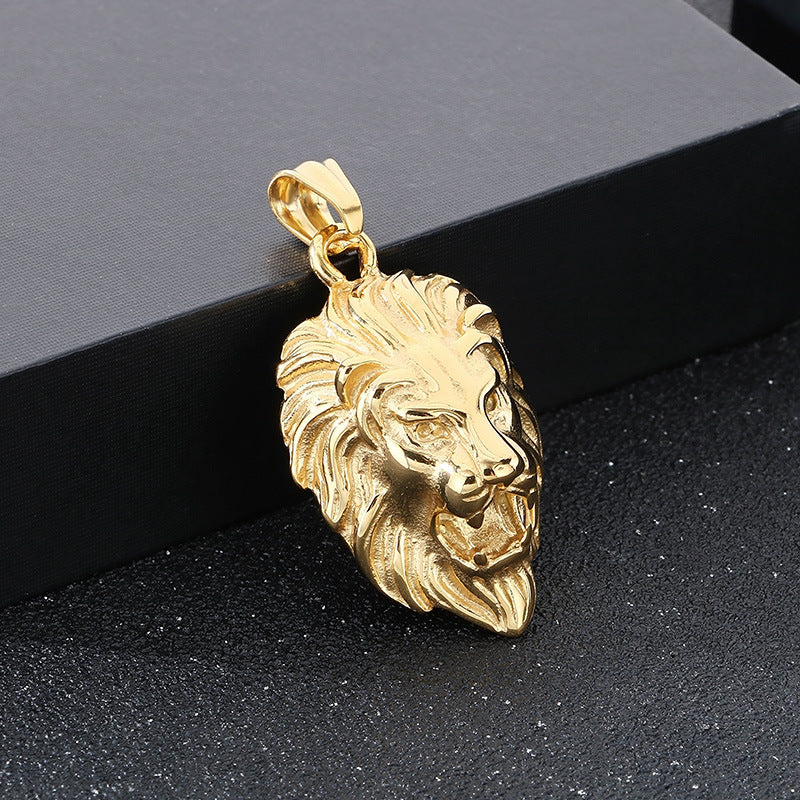 Planderful Lion Head Zircon Pendant Steel Mens Necklace