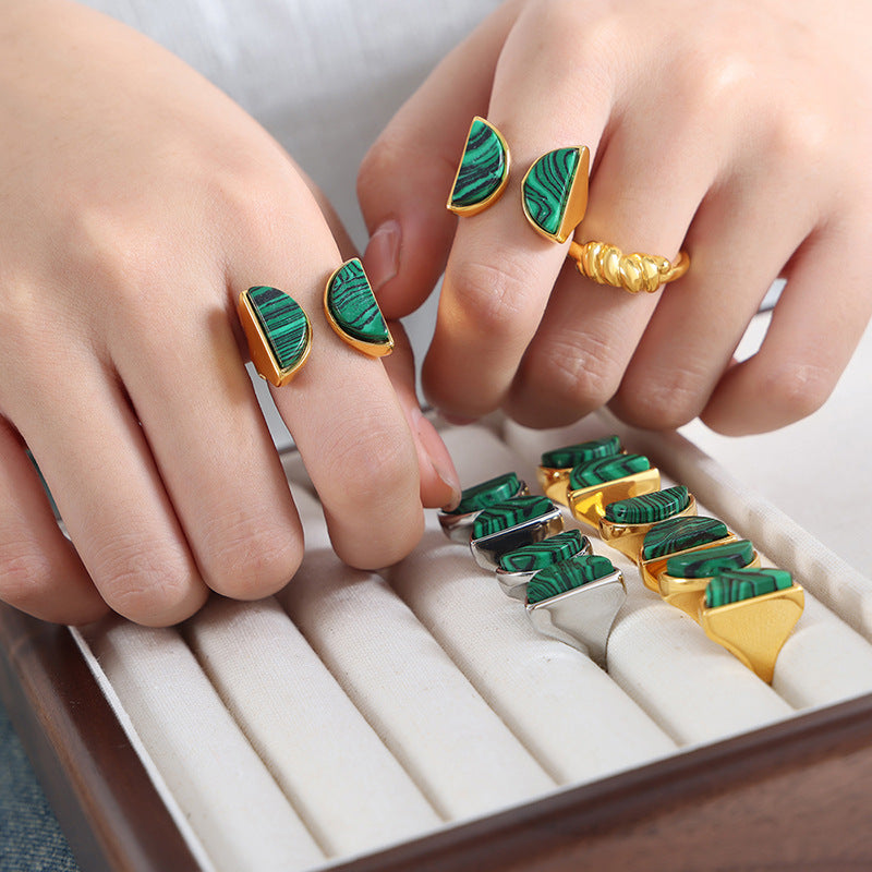 Peacock Turquoise Double Semicircle Titanium Steel Ring - Light Luxury Women's Jewelry