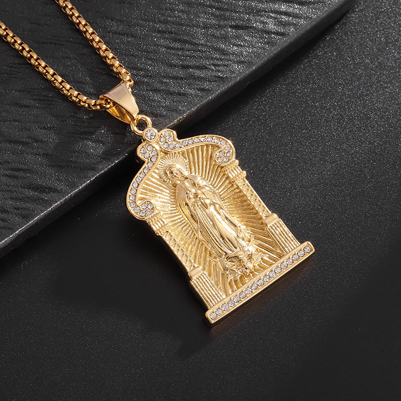 Planderful Maria Pendant Necklace For Men Titanium Steel Gold Plated 18K Rhinestone Hip Hop Style