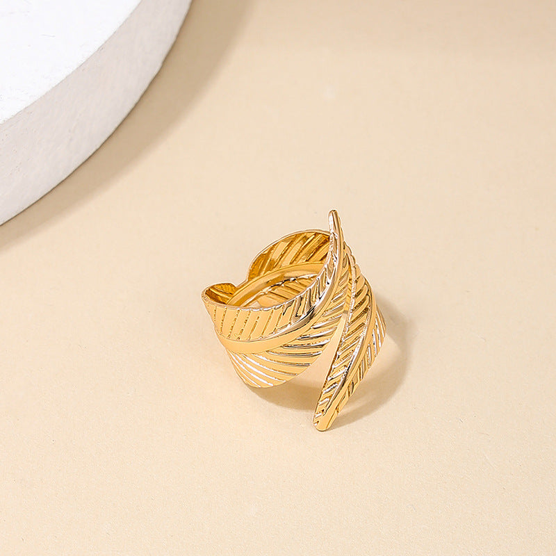 Vienna Verve Geometric Leaves Opening Metal Ring - Retro Fashion Statement Piece for Women