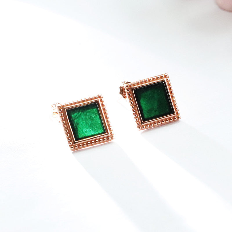 Dark Jadeite Square Rose-Gold-Tone Stud Earrings
