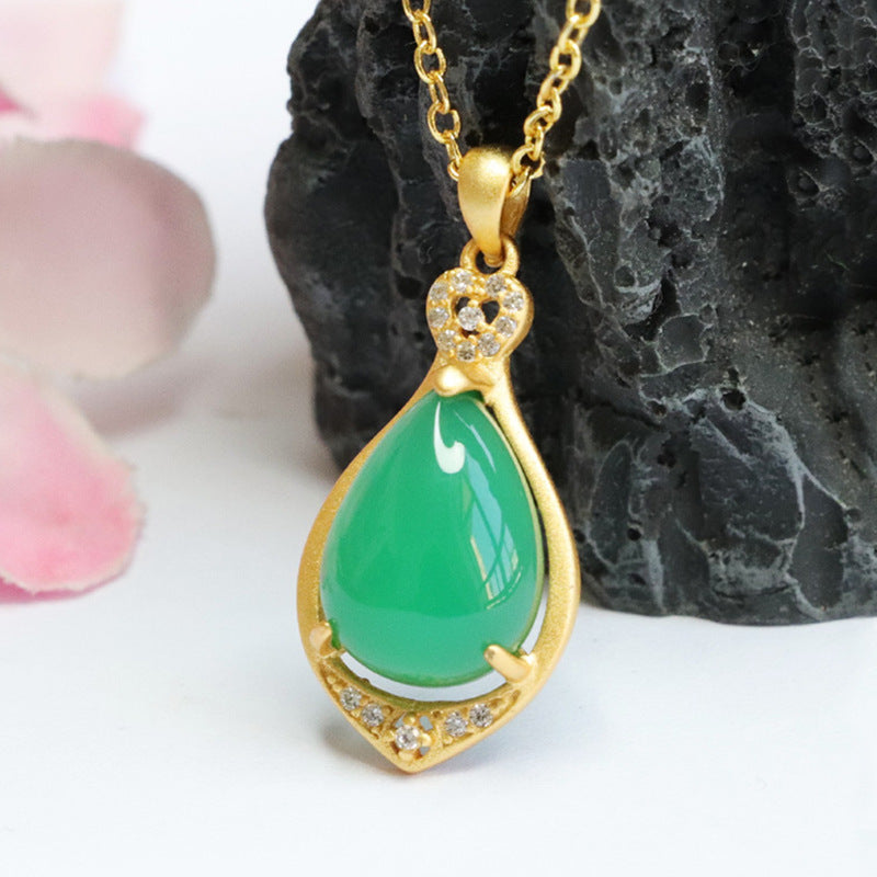 Sterling Silver Necklace with Green Chalcedony Droplet Pendant and Zircon Details