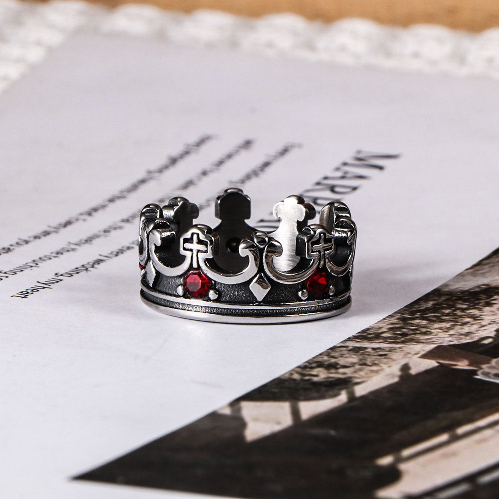 Titanium Steel Crown Men's Ring – Antique Red Zircon Men's Ring – Punk Knight Ring.