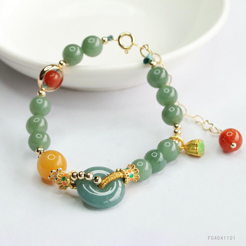 Blue Water Jadeite Peace Buckle & Round Bead 7 mm Bracelet