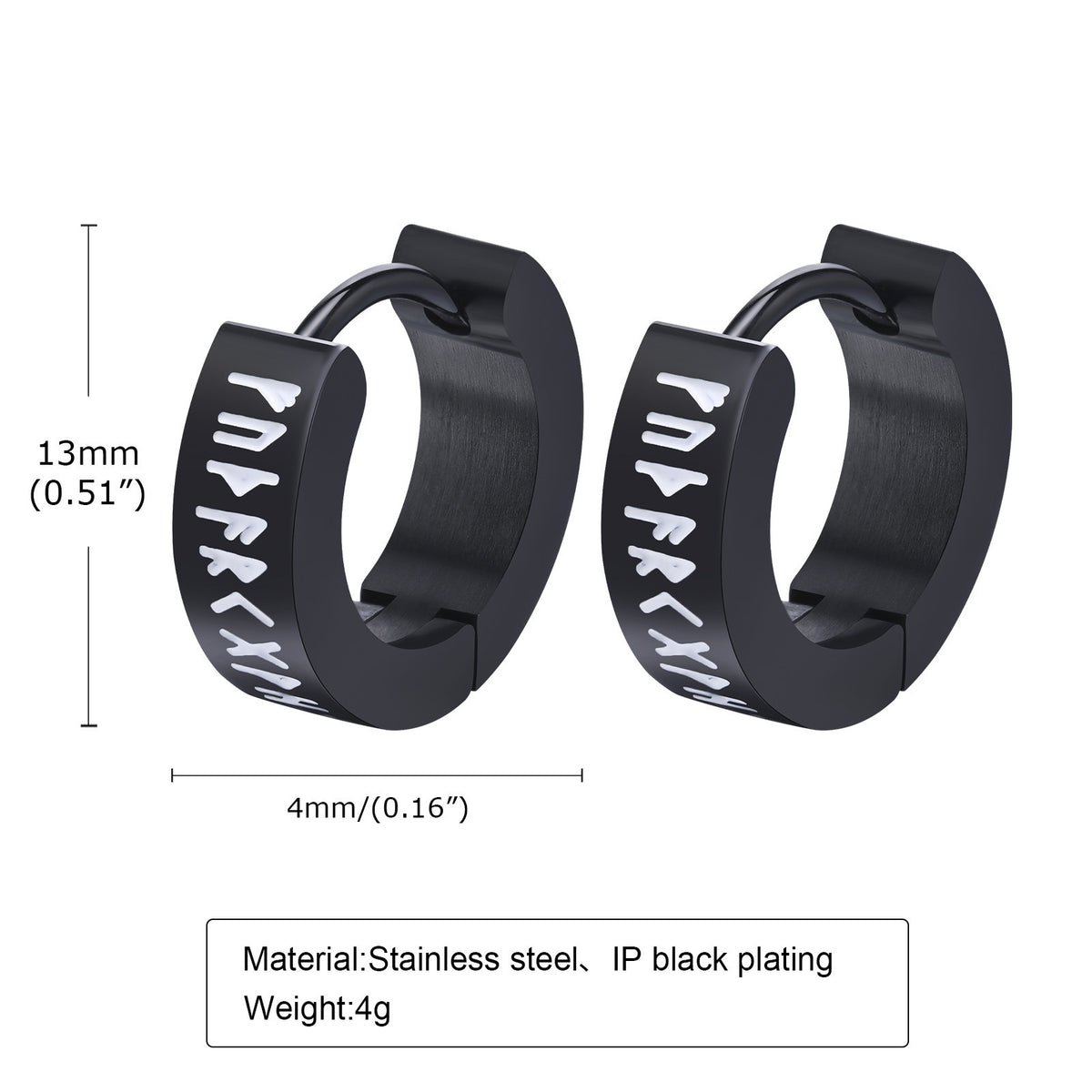 Black Viking Rune Stainless Steel Hoop Earring — Single