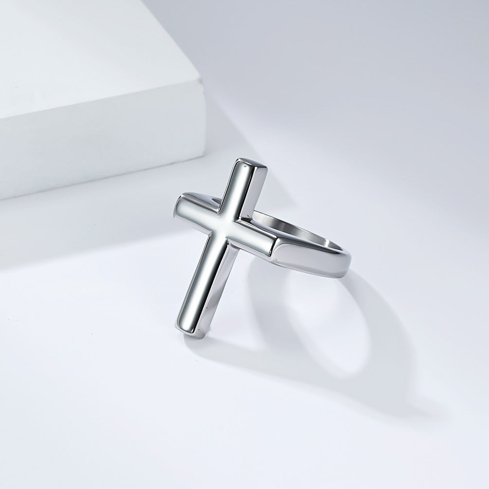 Planderful Everyday Genie Cross Ring for Men Titanium Steel Gold Plated Smooth Surface Street Fashion
