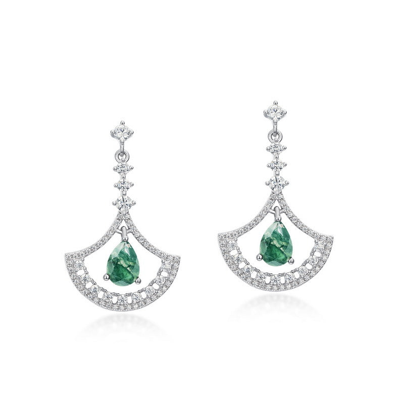 S925 Sterling Silver Moss Agate Fan Stud Earrings