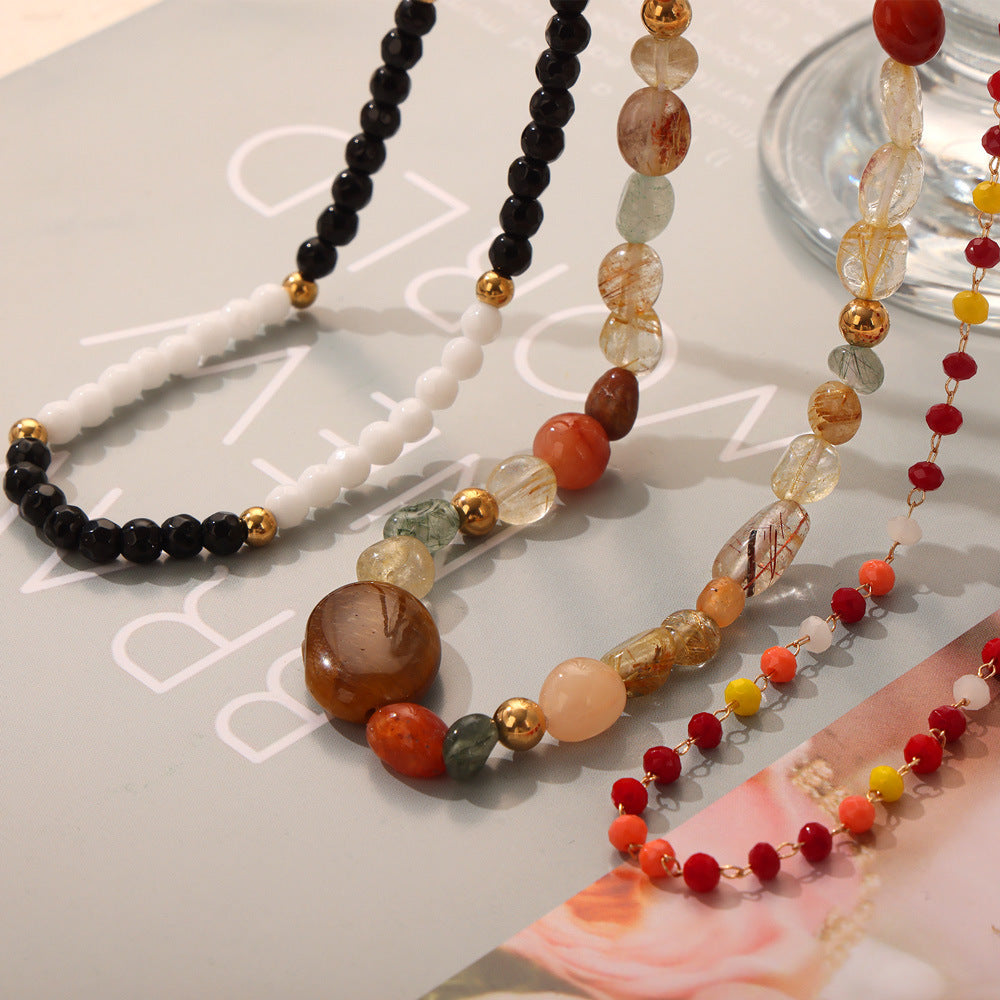 Luxurious Handmade Agate Beaded Necklace with Titanium Gold Plating