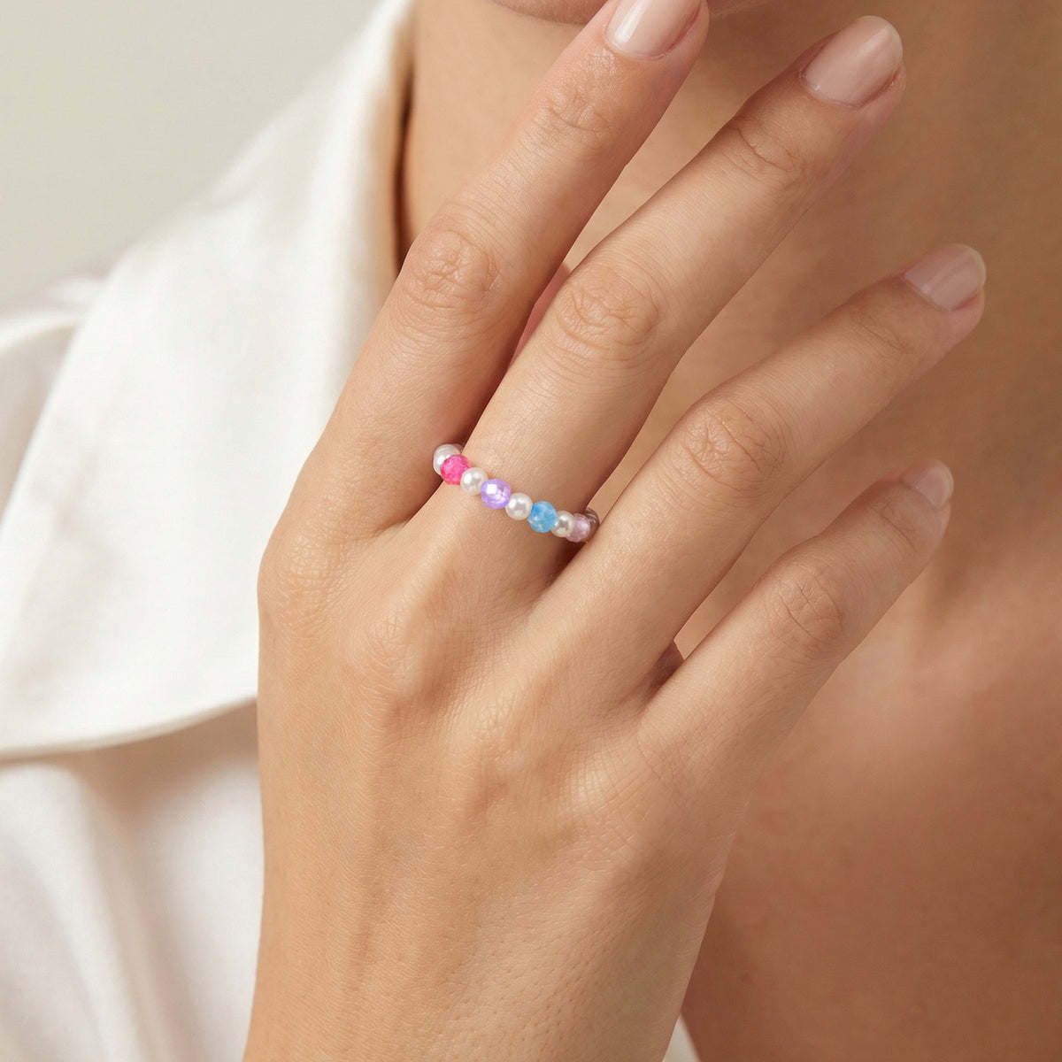 Summer Wear – Dopamine Sense Stainless Steel Imitation Pearl Multicolored Bead Ring