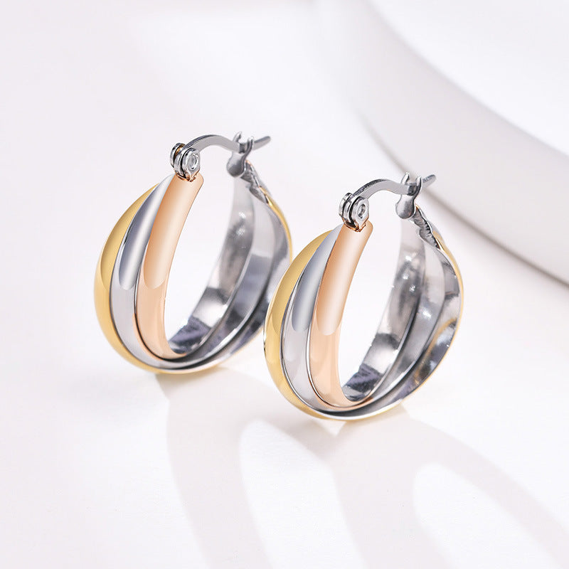 Korean Version Earrings Ins French Titanium Steel Three-Ring Jewelry