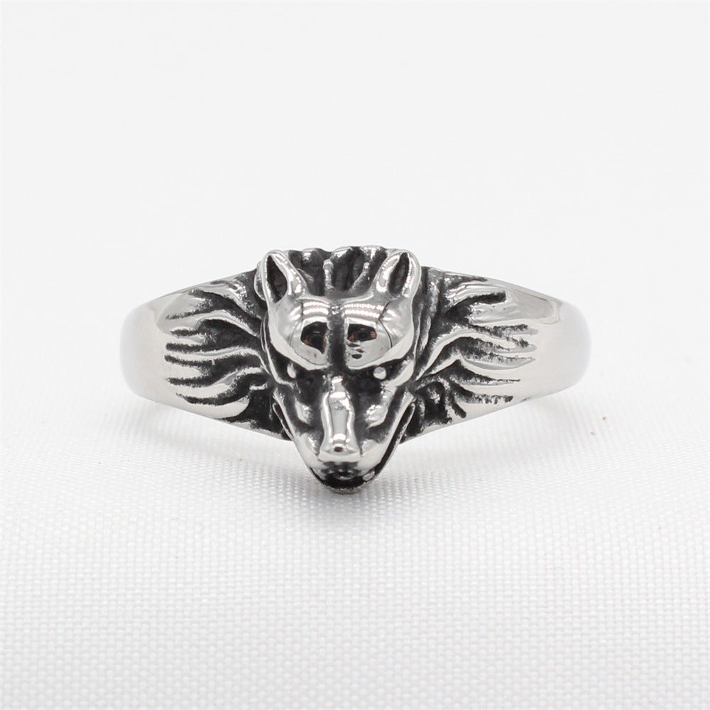 Planderful Everyday Genie – European and American Retro Wolf Head Men's Titanium Steel Ring