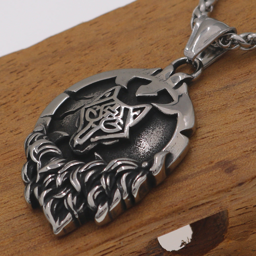 Nordic Myth Rune Necklace with Viking Odin Wolf Head Pendant for Men