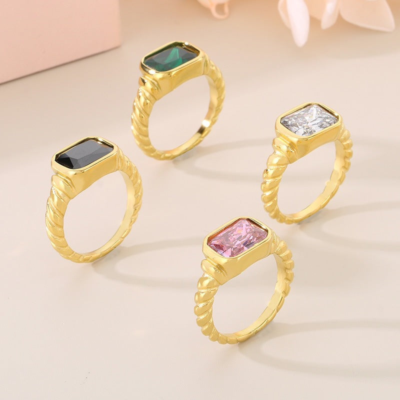 Twist Edge Square Inlaid Glass Ring Female, Design Sense Sugar