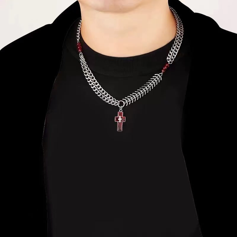 Planderful Jewelry Steel Fishbone Chain Cross Pendant Necklace