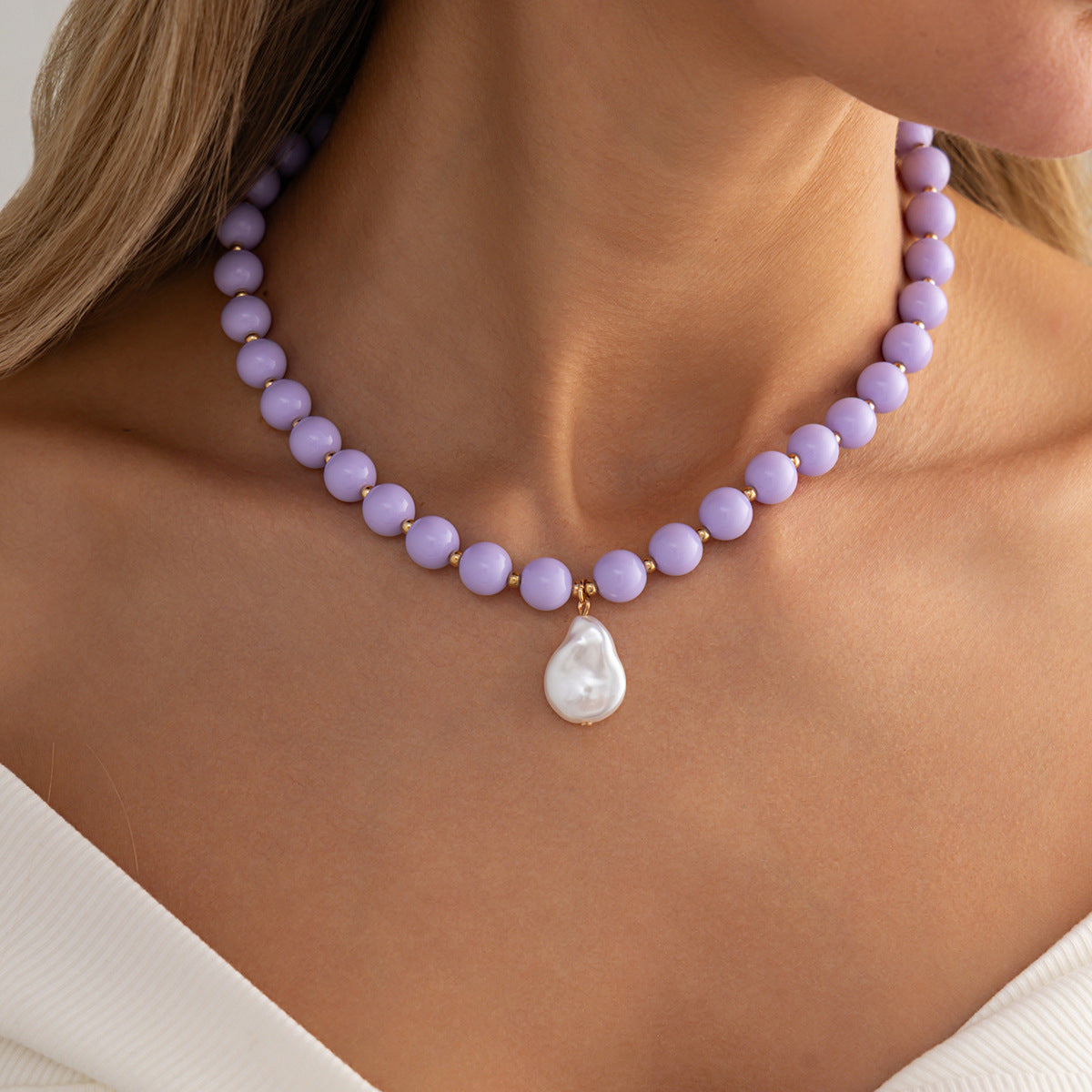 Colored Round Beads Pearl Necklace Dopamine Beaded Holiday Wind Necklace