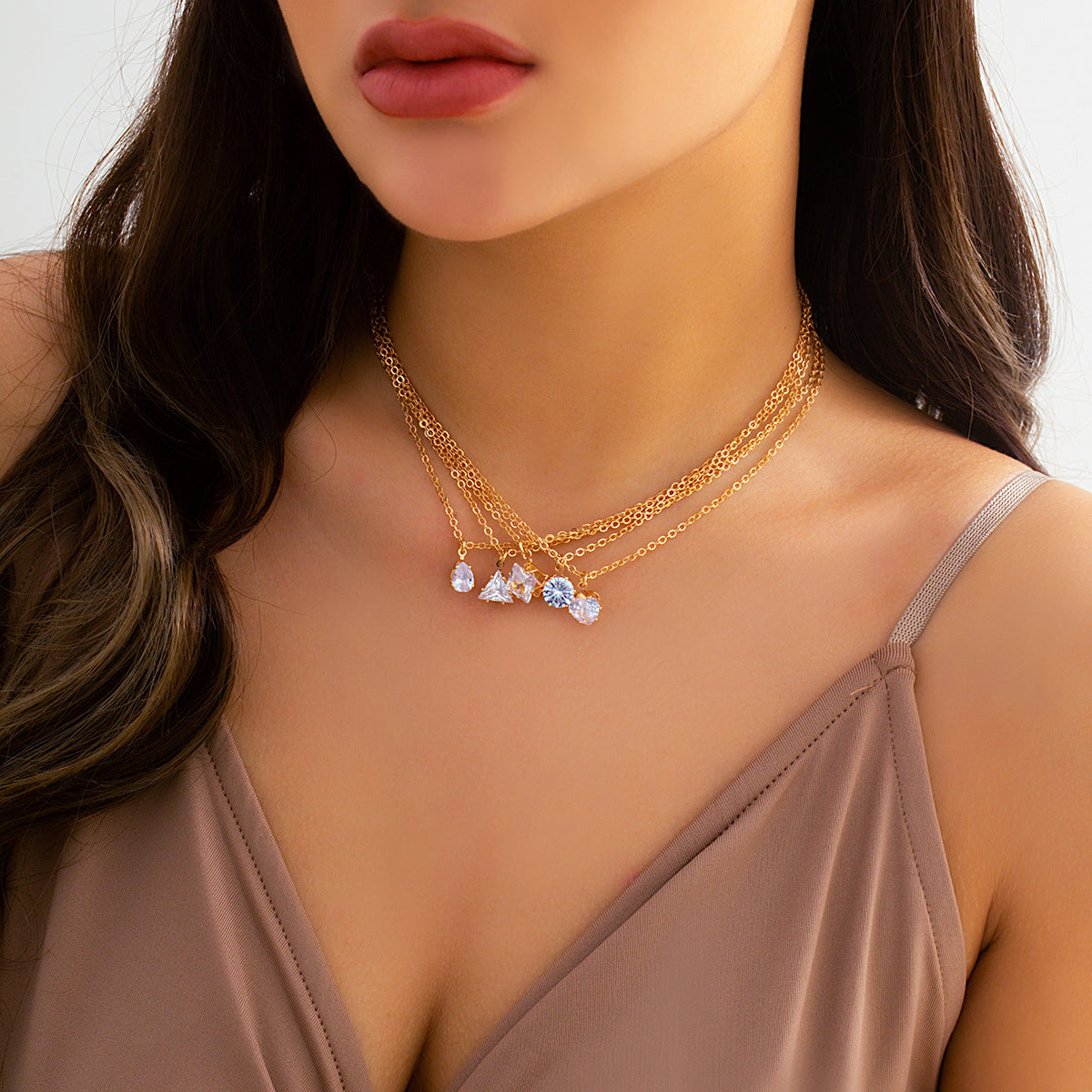 Diamond Droplet Layered Necklace for Women with Geometric Chain
