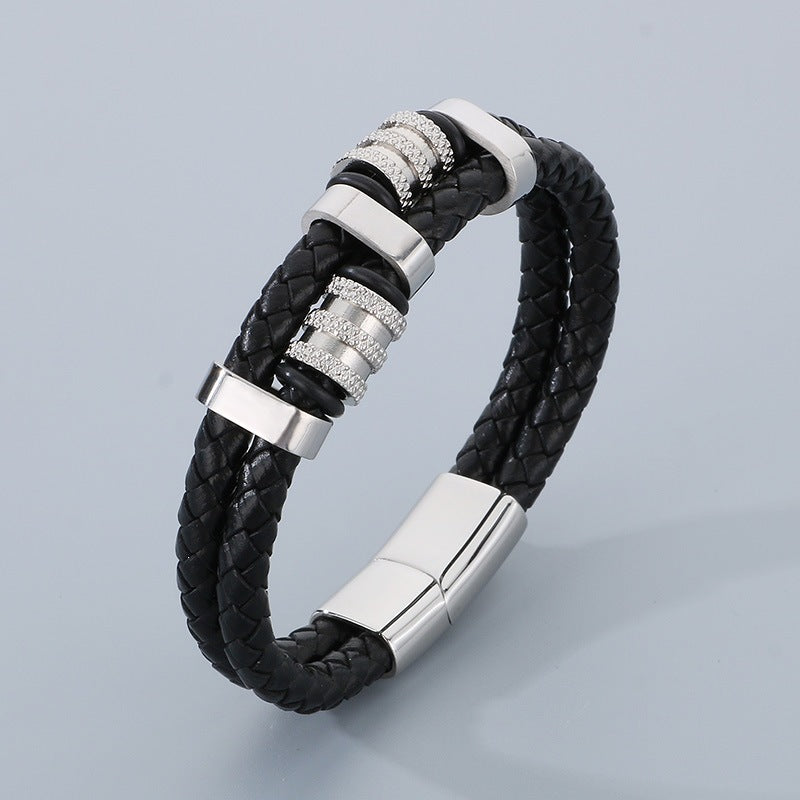 Business Style Double-Strand Woven Leather Rope Bracelet – Punk Stainless Steel Beaded