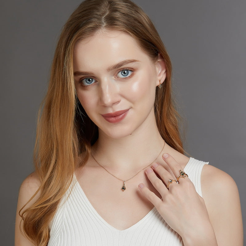 S925 Sterling Silver Gold-Plated Moss Agate Geometric Pendant Necklace