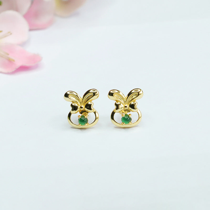 Whimsical Rabbit Bow Earrings with Natural Ice King Green Jade