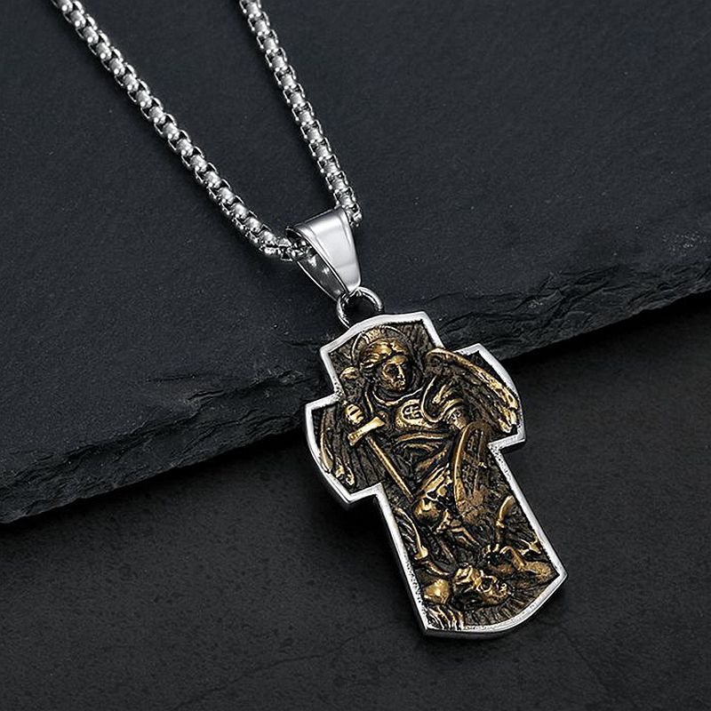 Archangel Michael Cross Necklace Unisex Stainless Steel Gold Plated Pendant Planderful Everyday Genie
