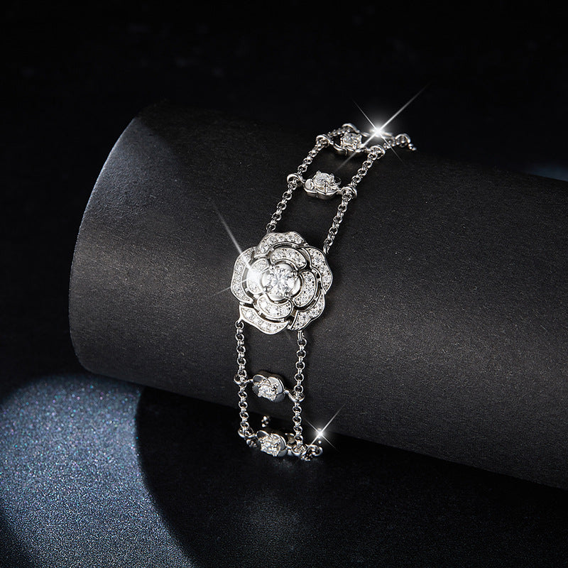 Hollow Camellia Bracelet S925 Silver 4mm Moissanite Elegance