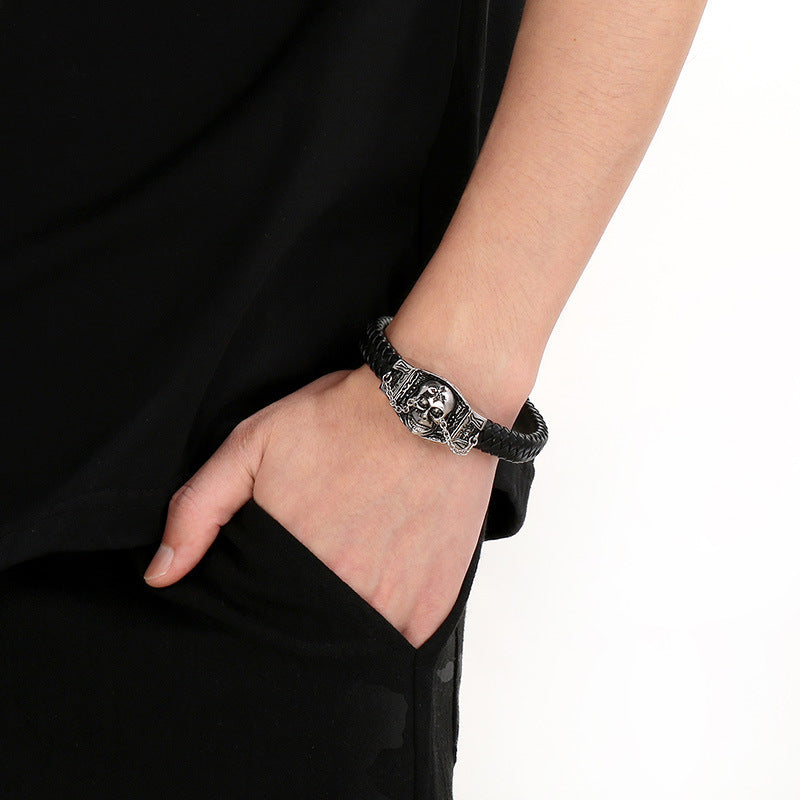 Two-Layer Leather Woven Bracelet – Casting Lion Head Snake Head Ghost Head Titanium