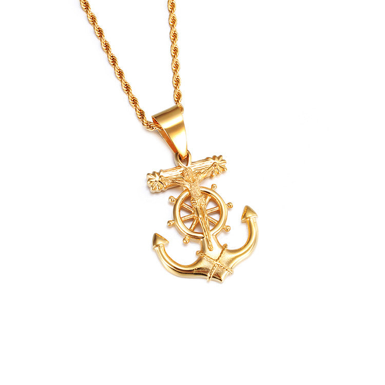 Titanium Steel Necklace, Cross Anchor Pendant, Stainless Steel Men's Pendant