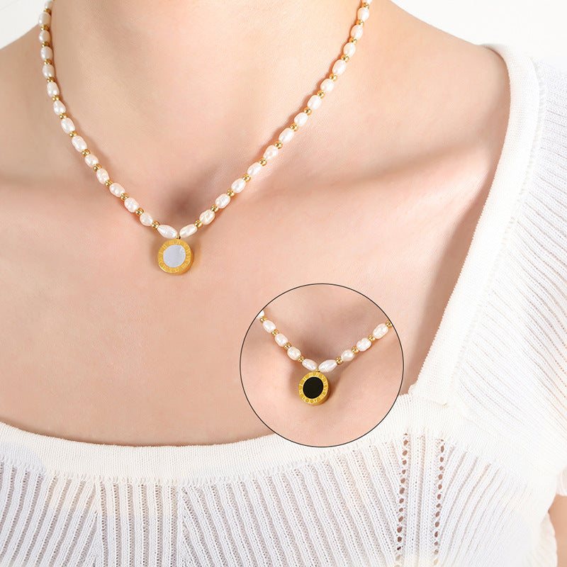 Korean Style Double-Sided Pearl Pendant Necklace with Gold-Plated Chain for Women