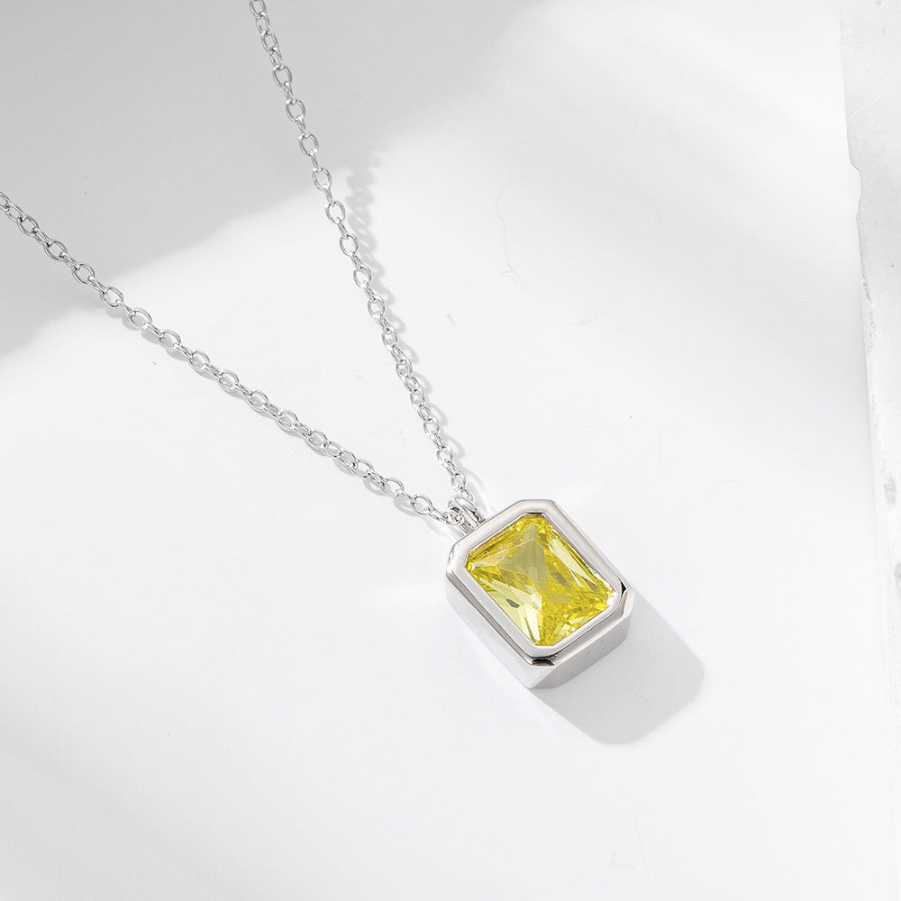 S925 Sterling Silver Square Olive Yellow Zircon Pendant Necklace