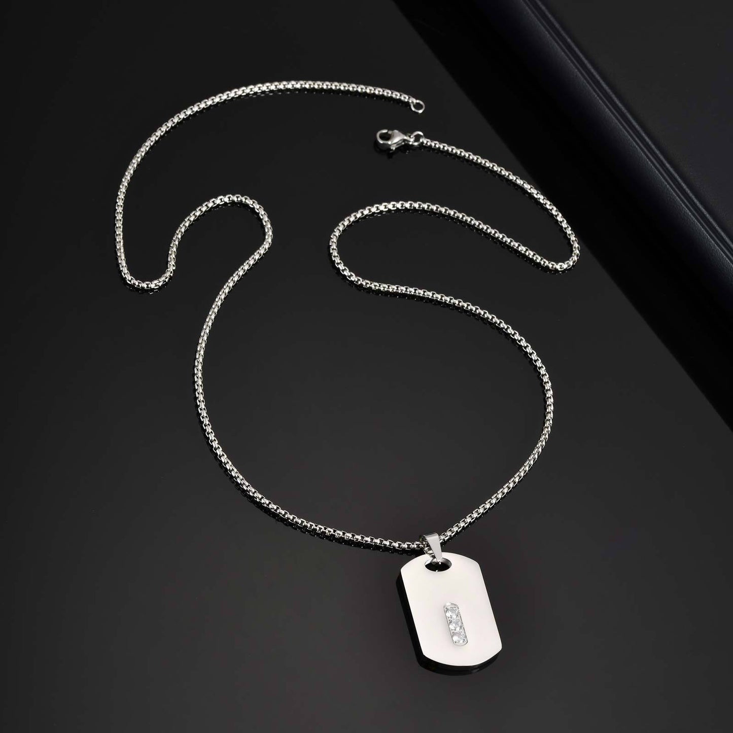 Planderful Mens Stainless Zircon Dog Tag Geometric Necklace