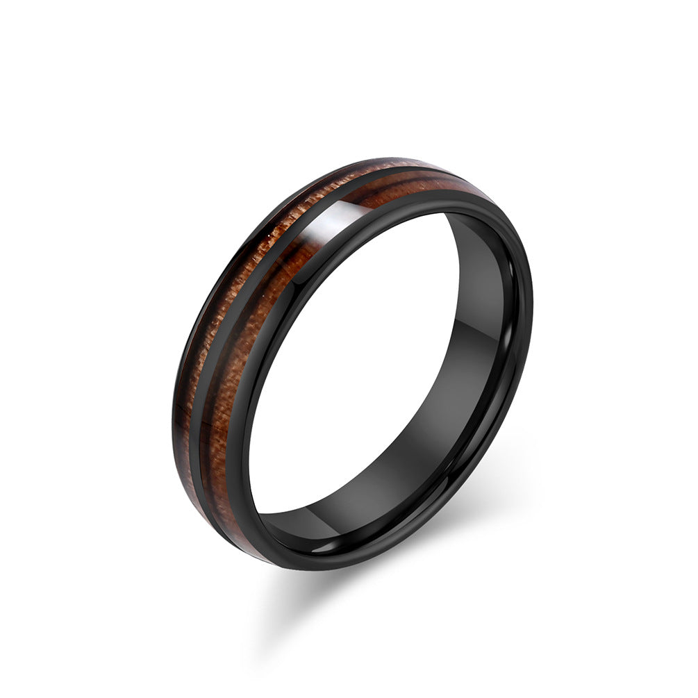 Planderful Tungsten Steel Ring With Parquet Wood Inlay Double Groove Unisex Couple Ring