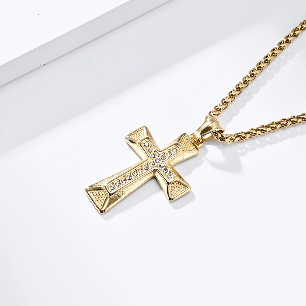 Cross-Border European And American Zircon Titanium Steel Cross Necklace