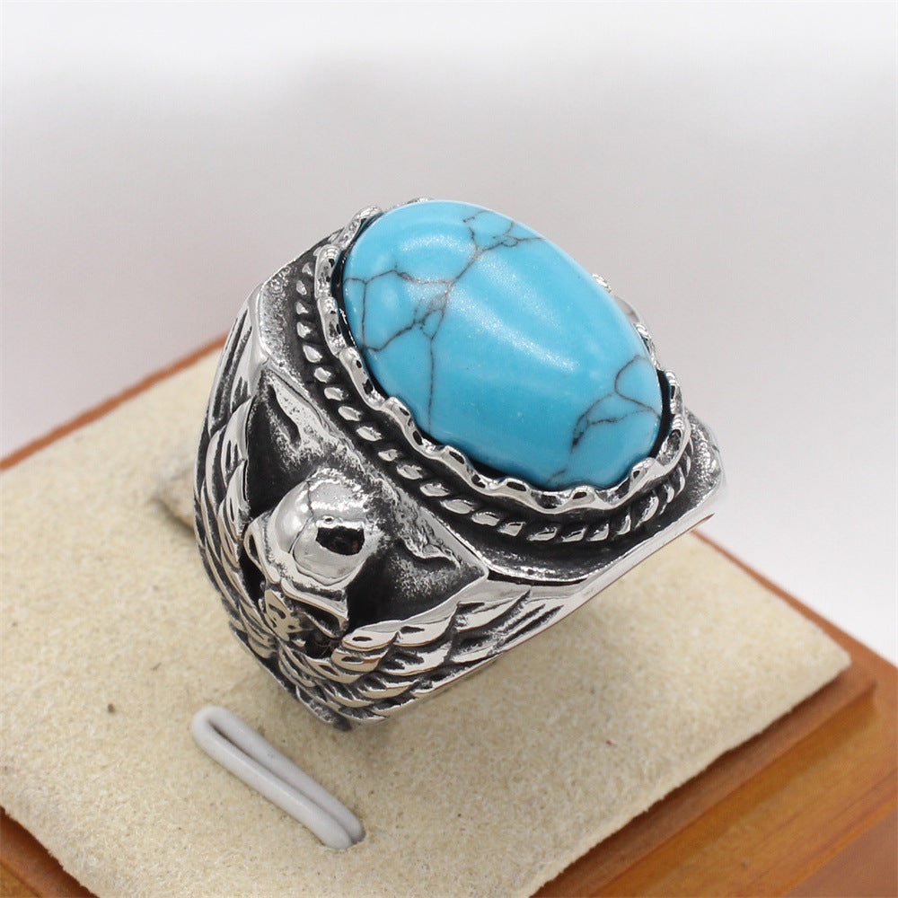 Planderful Tigers Eye Skull Ring Titanium Steel Unisex Oval Stone For Protection And Retro Style