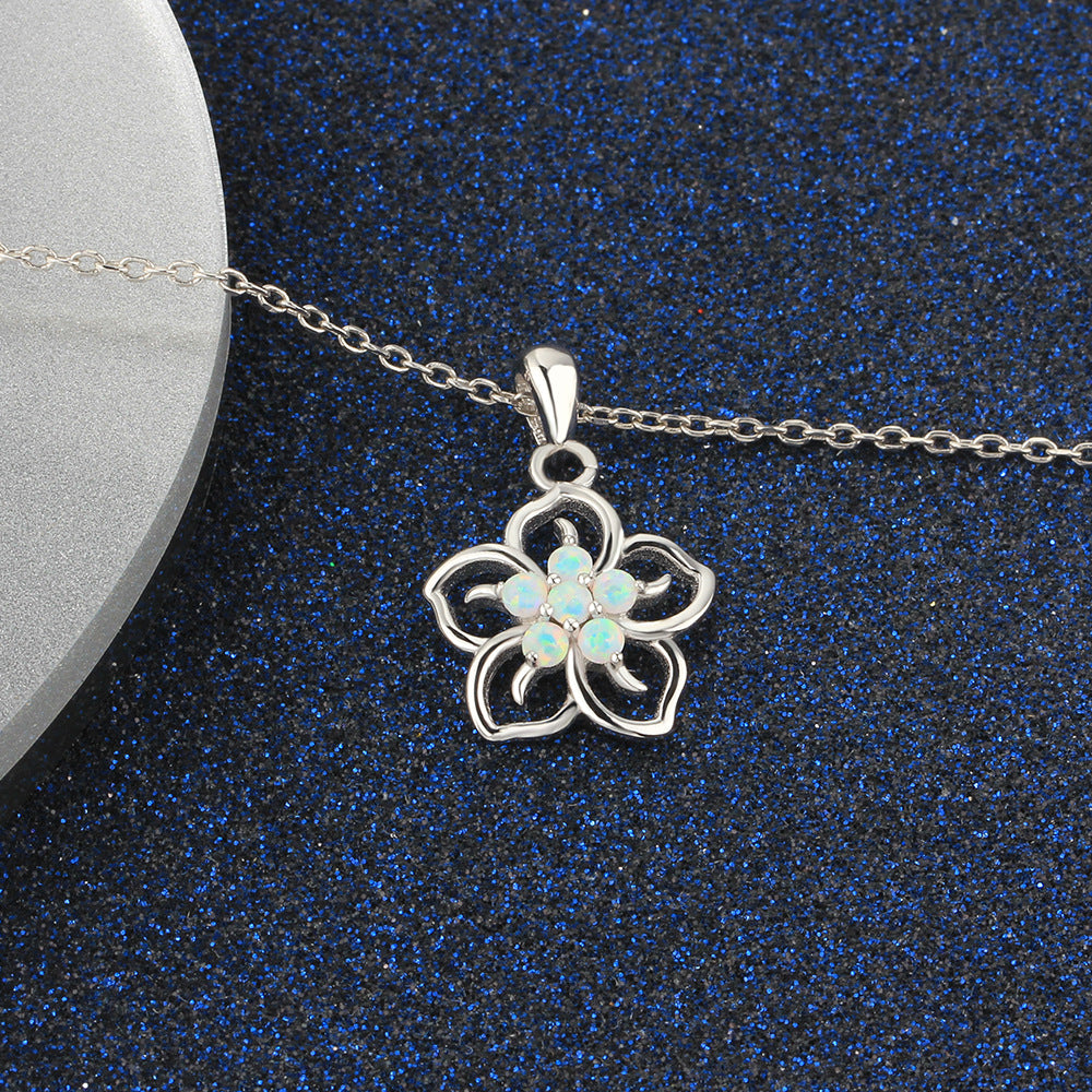 Planderful Jewelry Opal Necklace Flower Pendant