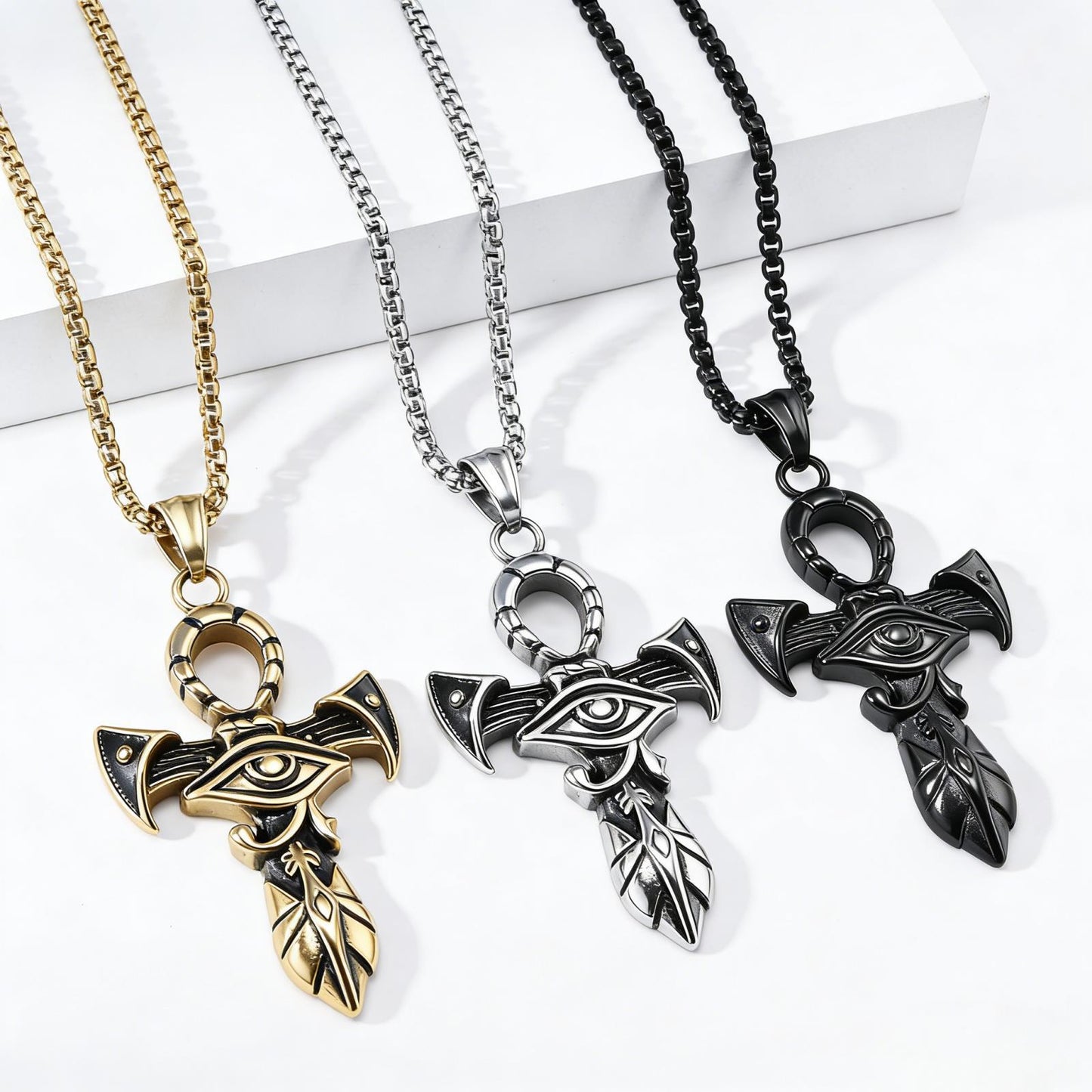 Planderful Titanium Steel Necklace Eye Of Horus Ankh Cross For Hip Hop Streetwear Fans Durable Bold Statement