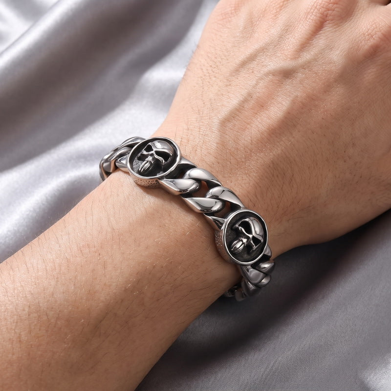 Dark Old 22mm Wide Cuban Chain Layered Skull Round Plate Stainless Steel Bracelet