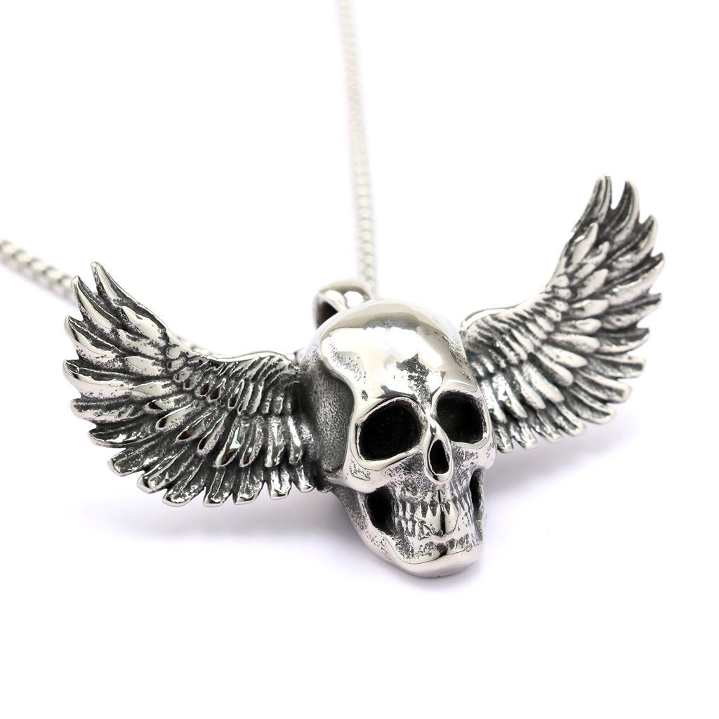 Planderful Unisex 3D Skull Wing Pendant Necklace in Retro Stainless Steel Everyday Genie Edition
