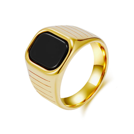 Planderful Men Titanium Steel Ring With Black Glass Gem Minimalist Fashion Ring For Everyday Wear